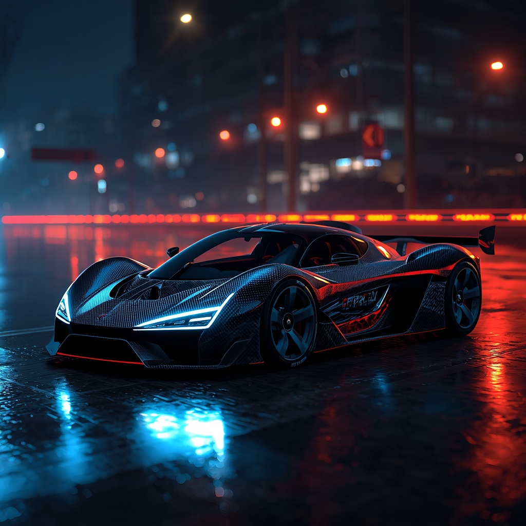 A sleek futuristic hypercar accelerating on a wet city street at night, neon blue and red light reflections, carbon fiber body, photorealistic, 8k resolution, no people